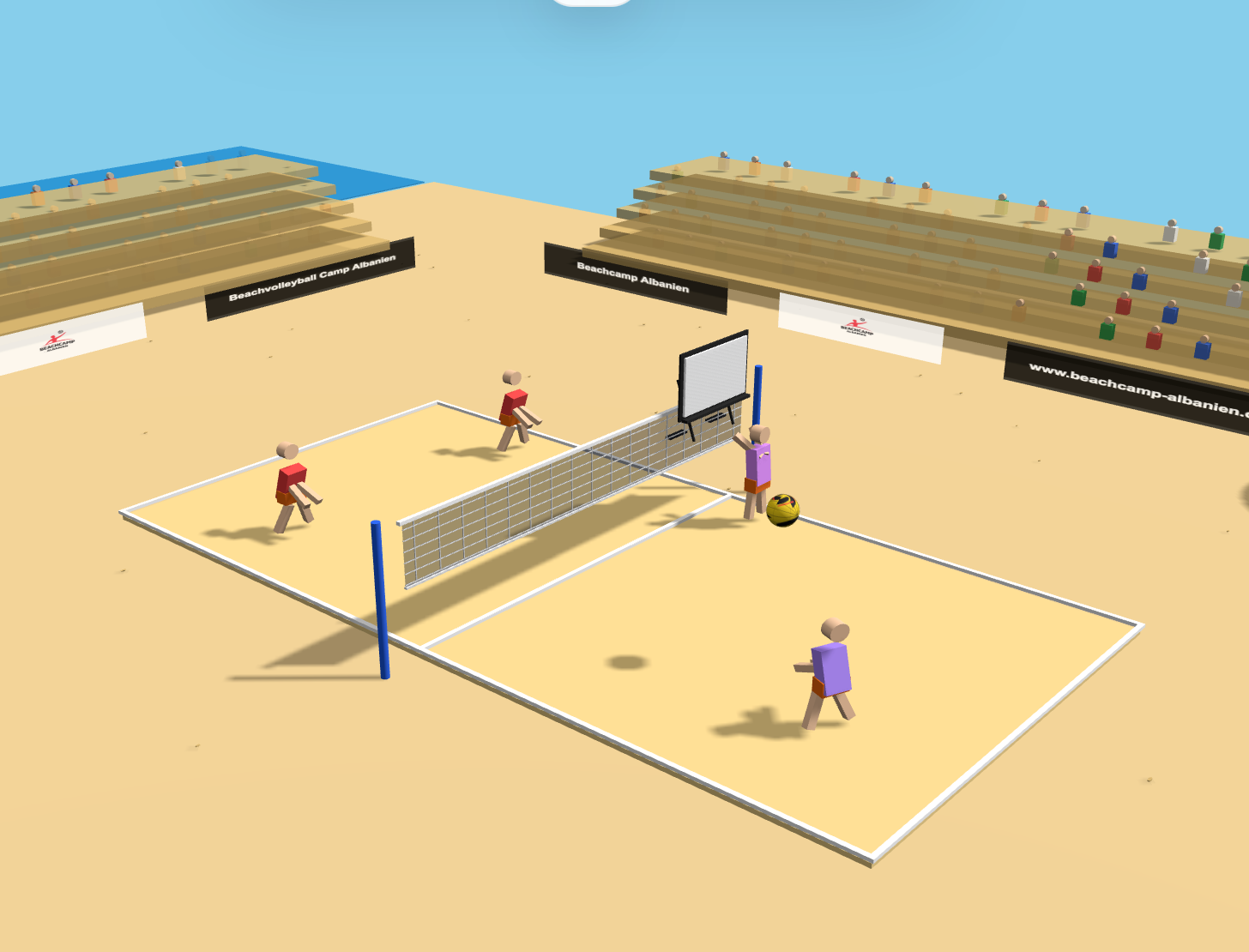 Beachvolleyball Übung im Volleyball 3D Studio mit Sandcourt, Spielern und taktischer Sideout-Situation