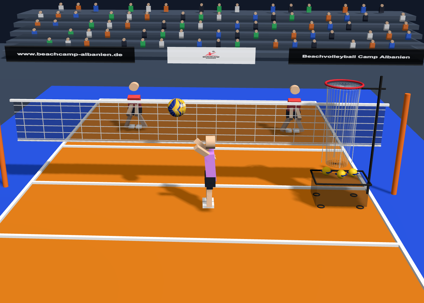 Volleyball Training Übung im 3D Court mit Spielern, Netz, Ballwagen und Trainingsmaterial für Trainer